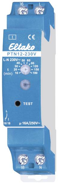Een blauwe elektronische trapverlichting-tijdschakelaar met het opschrift 'Eltako'. Toont aansluitklemmen en een draaiknop voor tijdsinstelling (30-180 seconden).