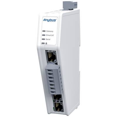 Een wit Gateway-apparaat met het 'Anybus'-logo. Het toont controlelampjes voor Gateway, EtherCAT, Serieel en een slot-LED aan de voorkant.