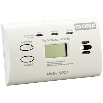 Koolmonoxidmelder met display en toetsen voor test, reset, alarm en bedrijfsindicatie. Model KO2D van Gloria.