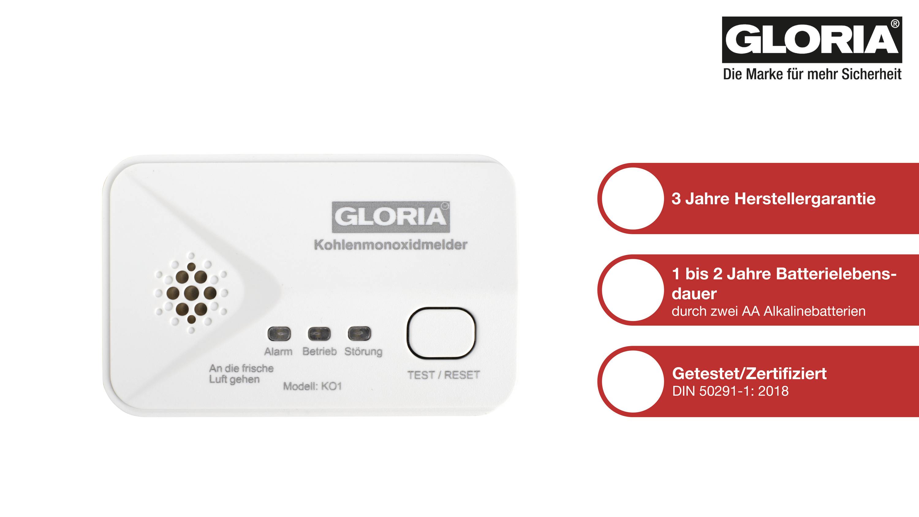 Koolmonoxidmelder met test-/resetknop, luidspreker, led-indicator en tekst: '3 jaar fabrieksgarantie, 1 tot 2 jaar batterijlevensduur, Getest/Gecertificeerd conform DIN 50291-1:2018'.