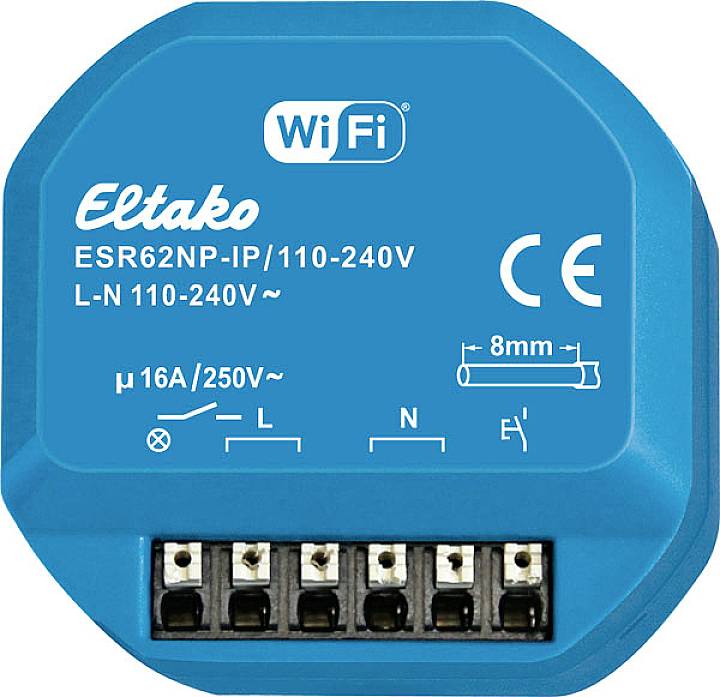 Blauwe Eltako WiFi-schakelaar ESR62NP-IP, 110-240V, 16A, met verschillende technische markeringen en aansluitklemmen onderaan.