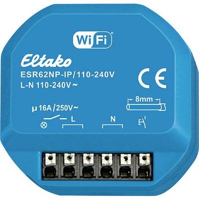 Blauwe Eltako WiFi-schakelaar ESR62NP-IP, 110-240V, 16A, met verschillende technische markeringen en aansluitklemmen onderaan.