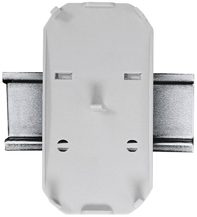 Een witte stopcontact, frontaal afgebeeld, gemonteerd op een metalen drager.