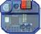 Een blauw elektrisch apparaat met twee schroefklemmen ('P', '+'), een potentiometer en voorzien van de aanduiding 'KNX'.