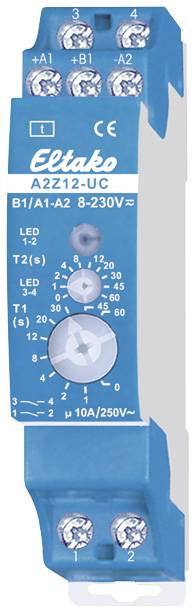 Blauwe elektronische module van Eltako met meerdere schroefklemmen bovenaan en onderaan. Opdruk: 'A2Z12-UC' en spanning '8-230V~'.