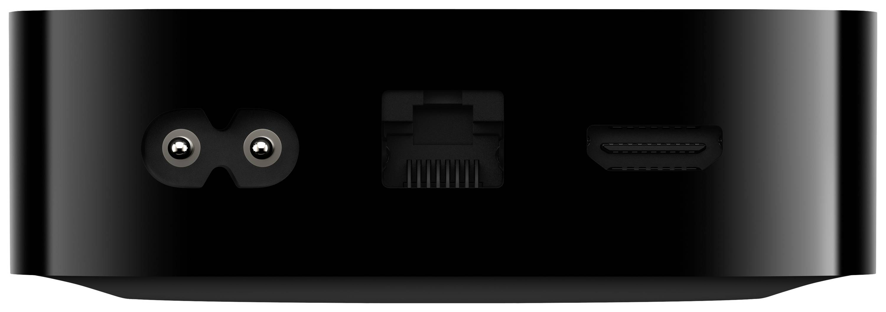 Zwart elektronisch apparaat met stroom-, Ethernet- en HDMI-aansluitingen aan de achterkant, op een witte achtergrond.