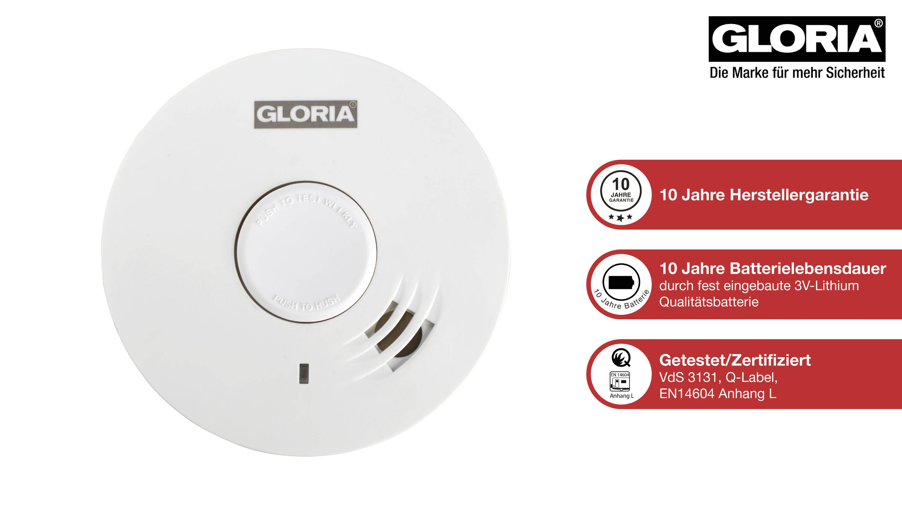 Een witte rookmelder met 'GLORIA' logo. Rechts staan drie cirkels: 10 jaar garantie, 10 jaar batterijduur, certificeringen.