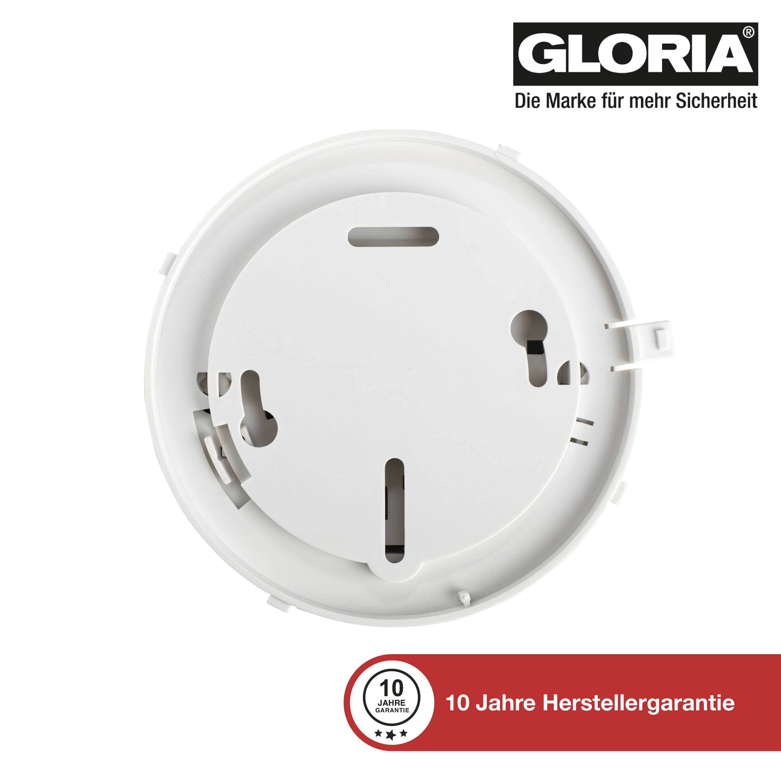 Rookmelder in witte kleur, bovenaan het merk 'GLORIA', onderaan tekst '10 jaar fabrieksgarantie'.