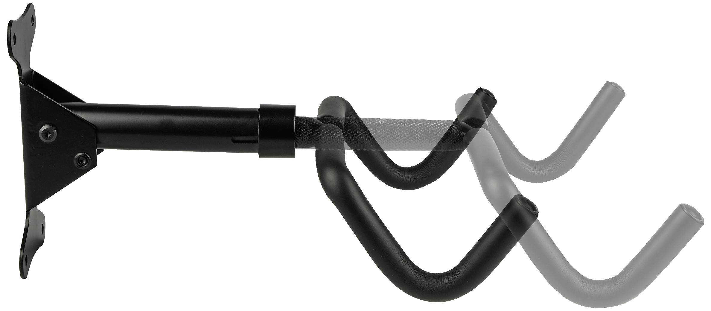 Wandhouder voor een fiets, met uittrekbare en draaibare stang en twee haken voor een veilige grip; te monteren aan muren.