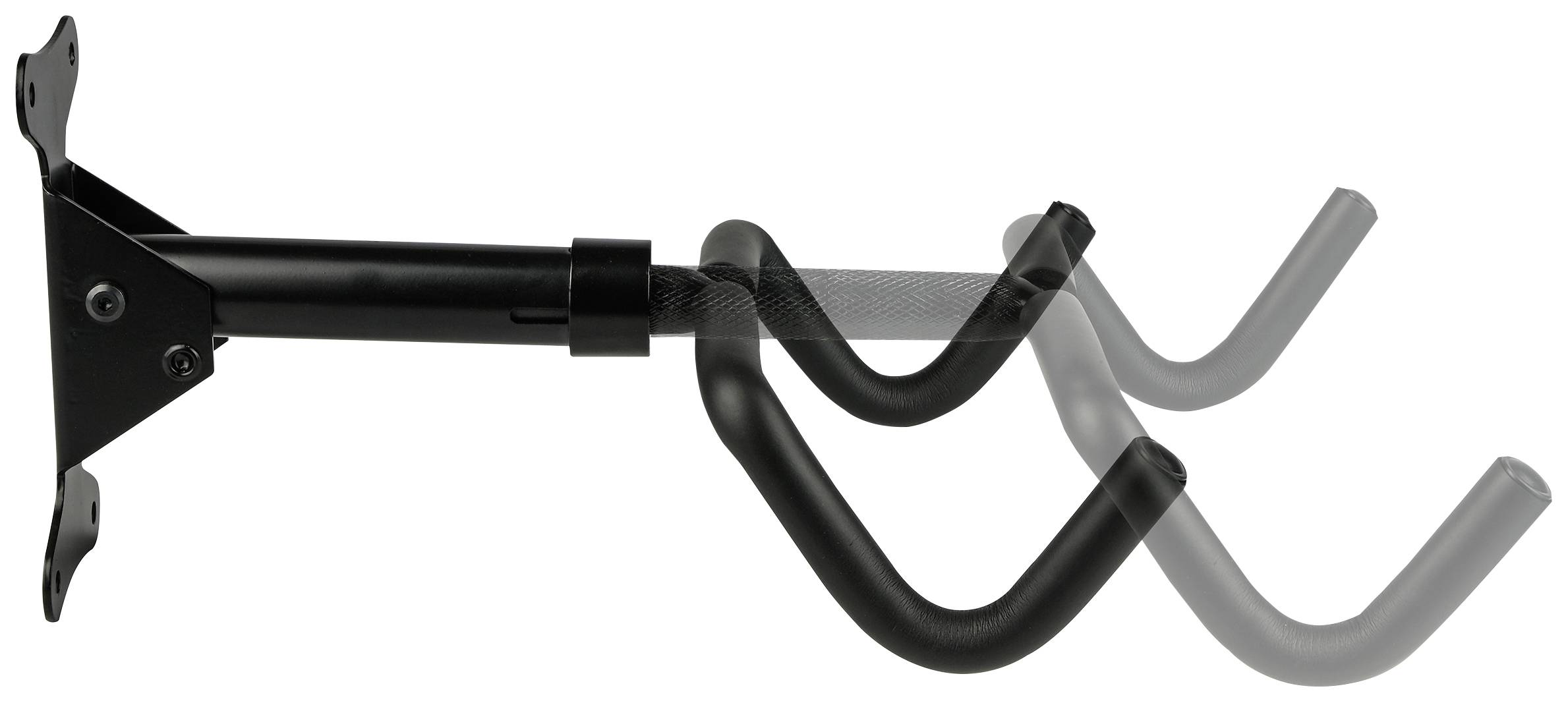 Een uittrekbare, zwarte muurbeugel met U-vormige haken voor het ophangen van fietsen. Toont een verlengoptie.