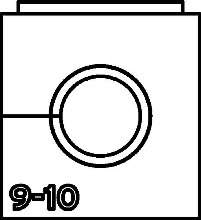 Een rechthoekig symbool met een cirkel in het midden en het getal '9-10' in de linkeronderhoek.