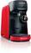 Rode koffiemachine met zwart bedieningspaneel en Tassimo-logo op het lekbakje, merknaam bovenaan zichtbaar.