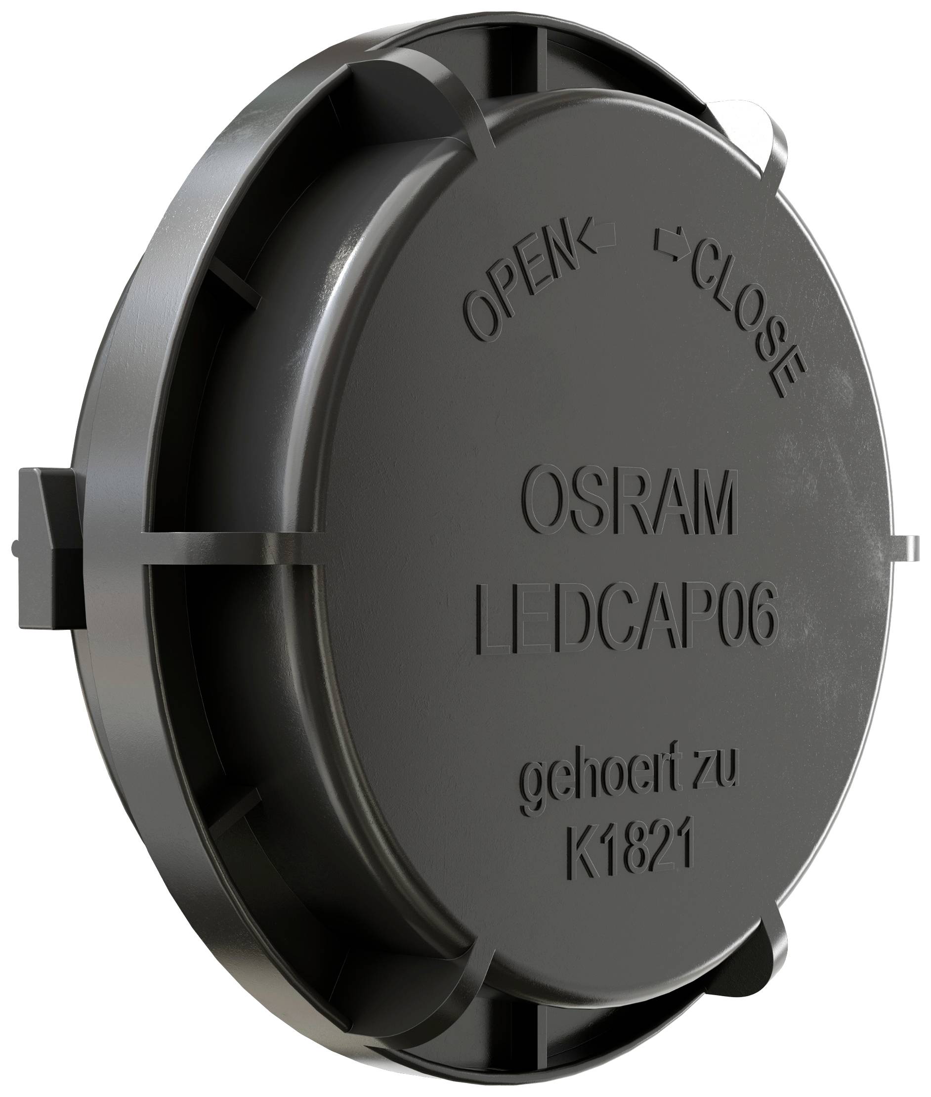 Ronde afdekking met de opschriften 'OPEN' 'CLOSE' en 'OSRAM LEDCAP06', in het midden 'verwarmd tot K1821'.