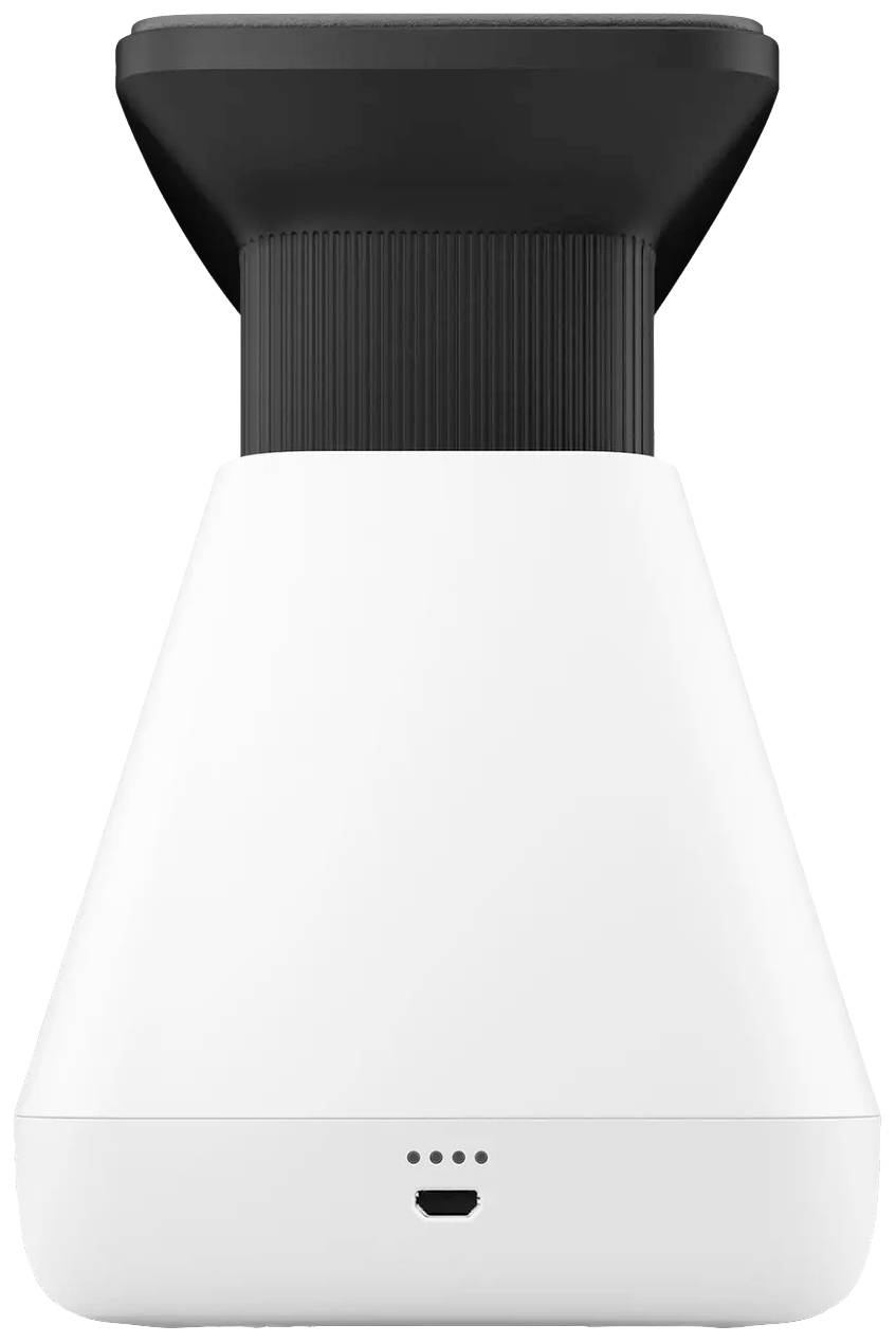 Witte, trechtvormige camera met zwart bovenste deel en USB-aansluiting onderaan, geschikt voor bewaking of beveiliging.