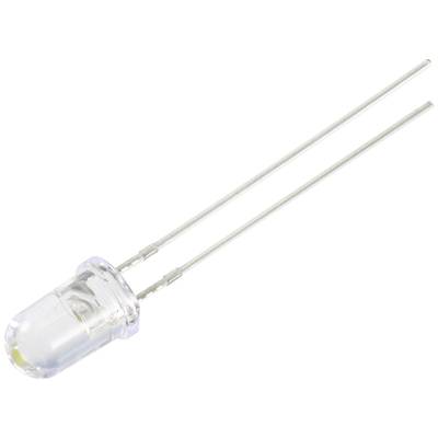 Een enkele lichtdiode (LED) met twee metalen aansluitingen, behuizing van transparante kunststof.