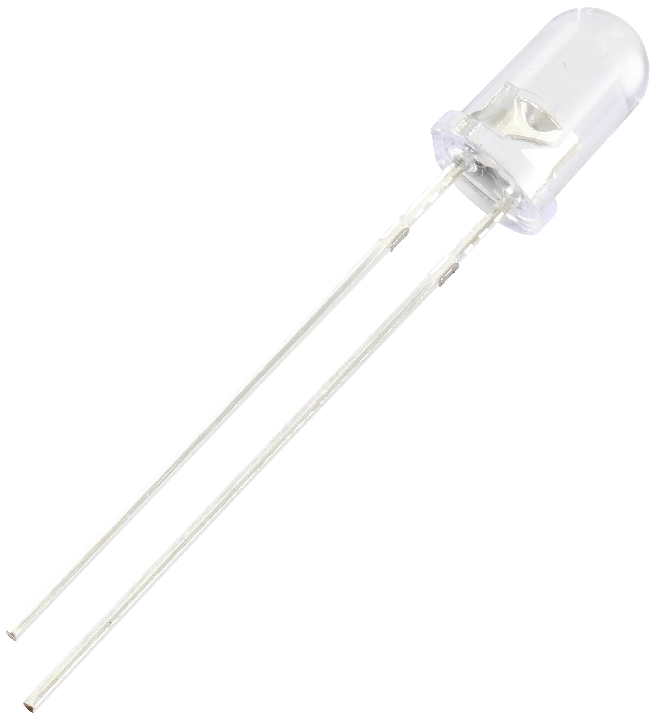 Een transparante LED met twee aansluitdraden, die wordt gebruikt voor elektronische schakelingen.