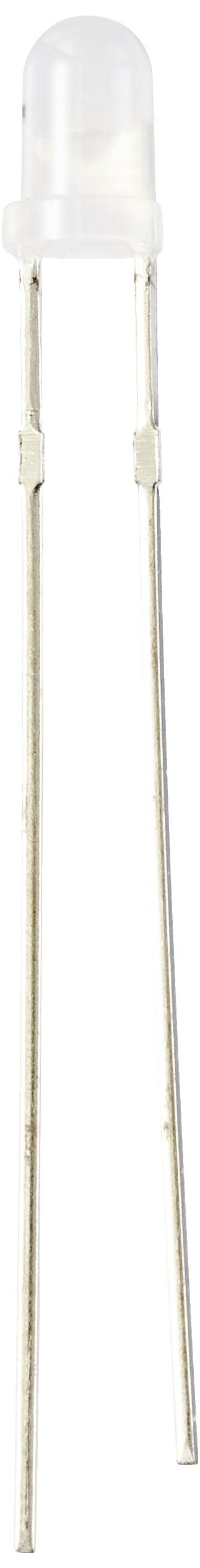 Een witte lichtdiode (LED) met twee lange metalen aansluitingen op een witte achtergrond.