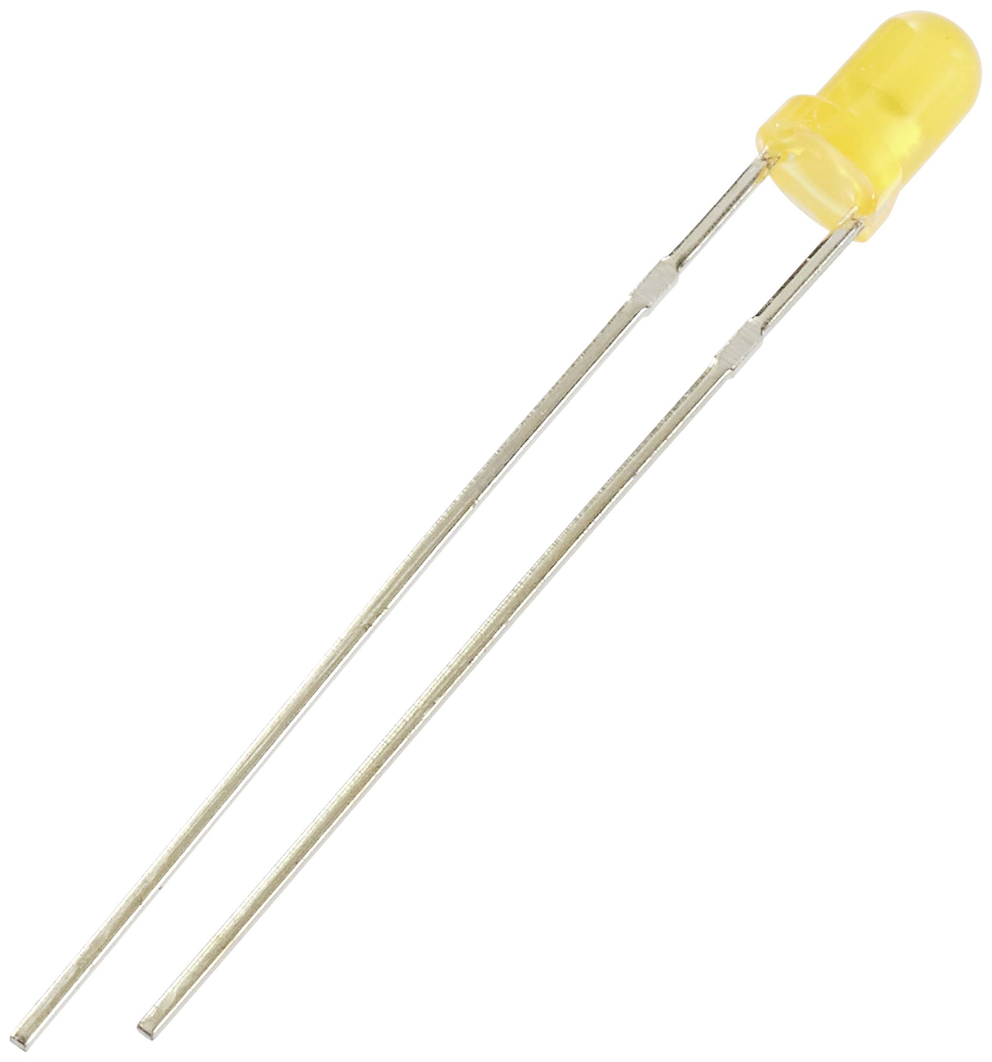 Een gele LED-diode met twee metalen pootjes voor stroomtoevoer, veelal gebruikt in elektronische schakelingen.