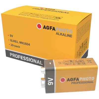 Een verpakking met tien AGFAPhoto Professional Alkaline 9V-batterijen. Verpakking toont batterij-informatie en logo.