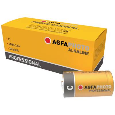 Een gele verpakking van 'AGFAPHOTO ALKALINE'-batterijen, C-formaat, LR14 1,5V, verpakt per 10 stuks. Eén batterij wordt uitgelicht.