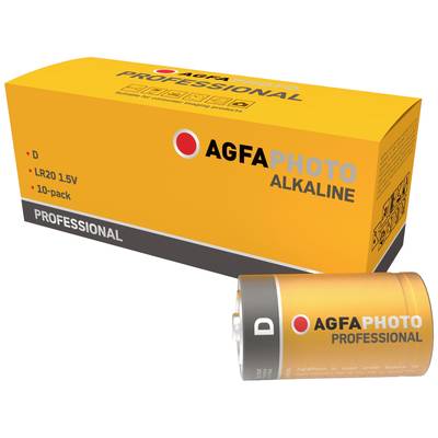 Een gele batterijverpakking van het merk AgfaPhoto met de opdruk 'Professional Alkaline'. Bevat tien 1,5V D-batterijen.
