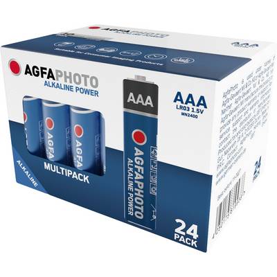 'AGFAPHOTO Alkaline Power' AAA-batterijen, multipak met 24 stuks. Verpakking toont batterij en merknaam.
