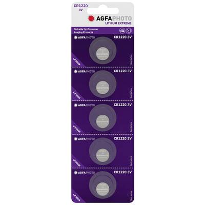 Verpakking met vijf AGFAPHOTO Lithium CR1220 batterijen, 3V, voor consumentenproducten. Paarse achtergrond, witte tekst.