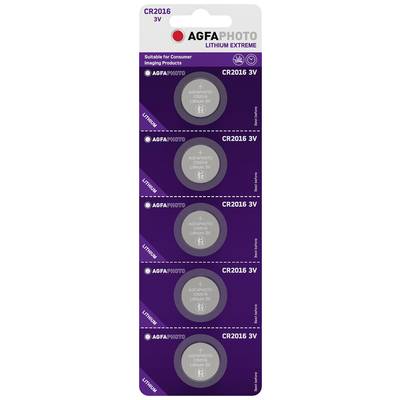 'AGFA Photo' Lithium-batterijverpakking met vijf CR2016 3V knoopbatterijen, geschikt voor consument-beeldproducten. Paarse verpakking.