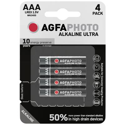'AAA AGFAPHOTO Alkaline Ultra Batterijen 4-pack. Bewaart 10 jaar. Geschikt voor apparaten met hoog energieverbruik. 50% meer prestatie.'