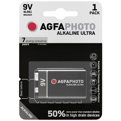 Een 9V-alkalibatterij van AgfaPhoto in een blisterverpakking, geschikt voor high-performance apparaten. Verpakking toont 50% meer vermogen.