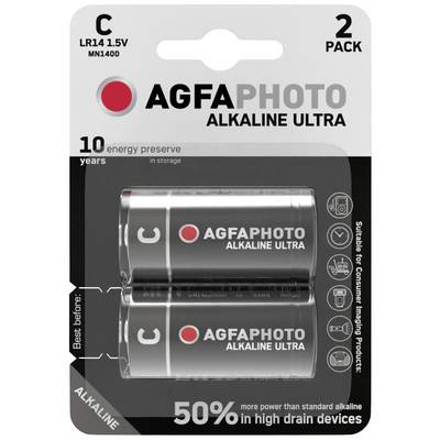 'AGFAPHOTO Alkaline Ultra' Batterijen, C Type, 2-pack. Uitgelichte kenmerken: 10 jaar houdbaarheid, 50% meer vermogen, geschikt voor high-performance apparaten.