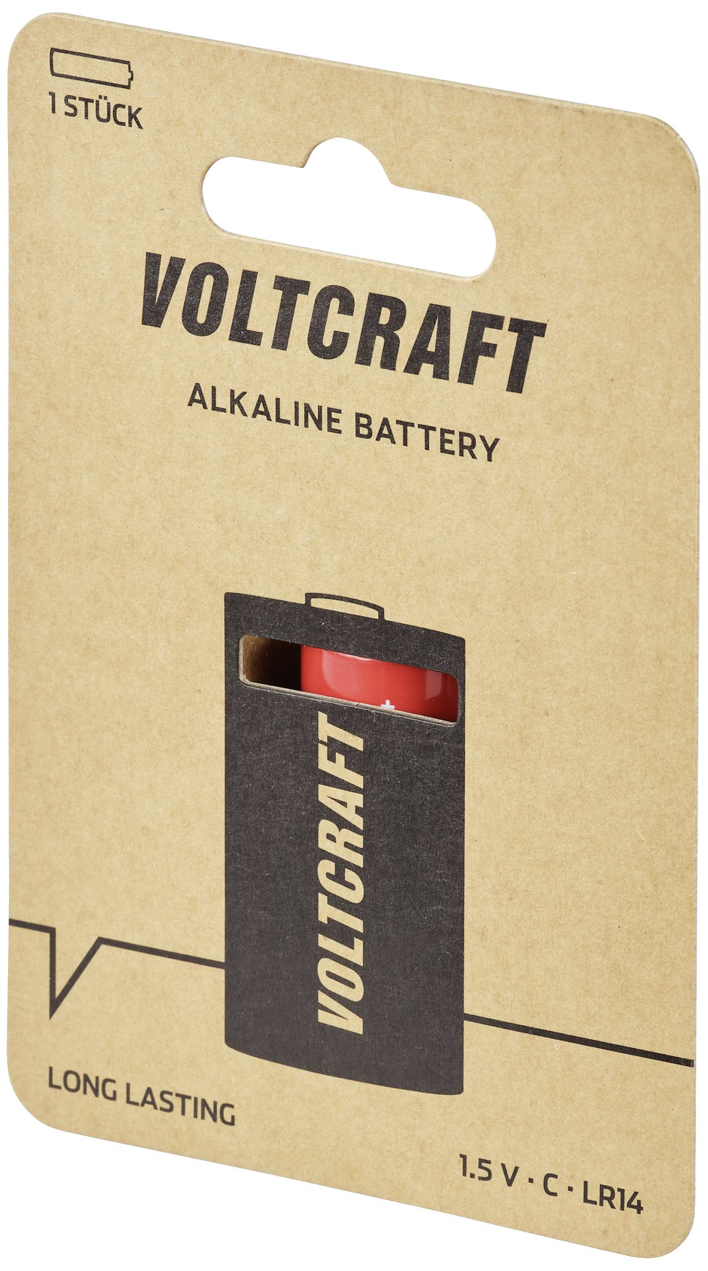 Verpakking van een Voltcraft Alkaline batterij, 1 stuk, 1,5 V, Type C, met tekst 'Lang Meegaand'. Ideaal voor toepassingen met lange levensduur.