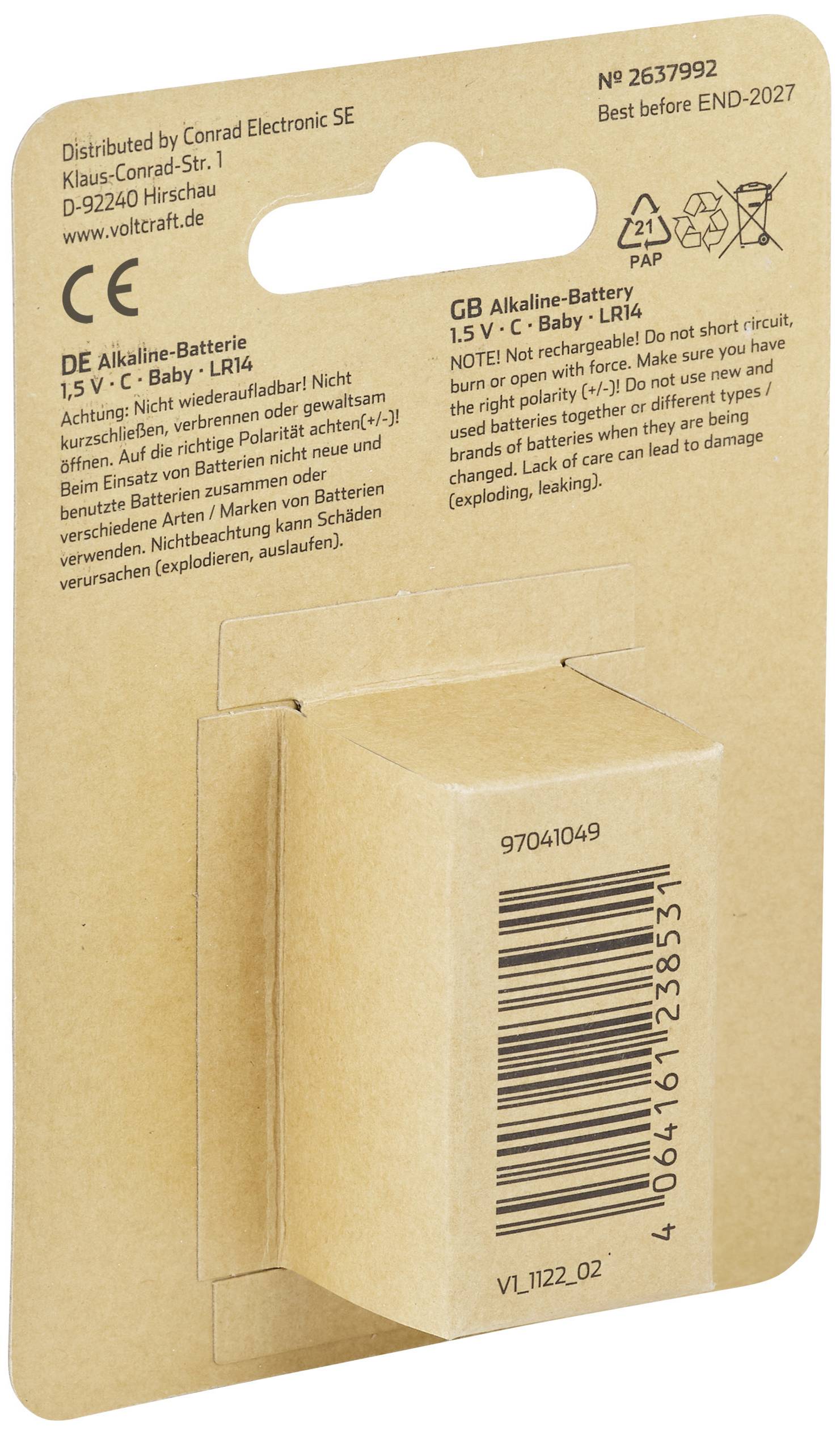 Verpakking van een Alkaline-batterij met informatie over fabrikant (Conrad Electronic SE), spanning (1,5 V) en houdbaarheidsdatum (eind 2027).