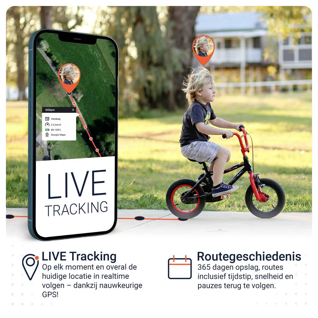 Reclame voor de app 'LIVE Tracking': Smartphone toont locatiebewaking van een kind op de fiets; tekst noemt 365 dagen opslag, routes, tijd, snelheid en pauzes.