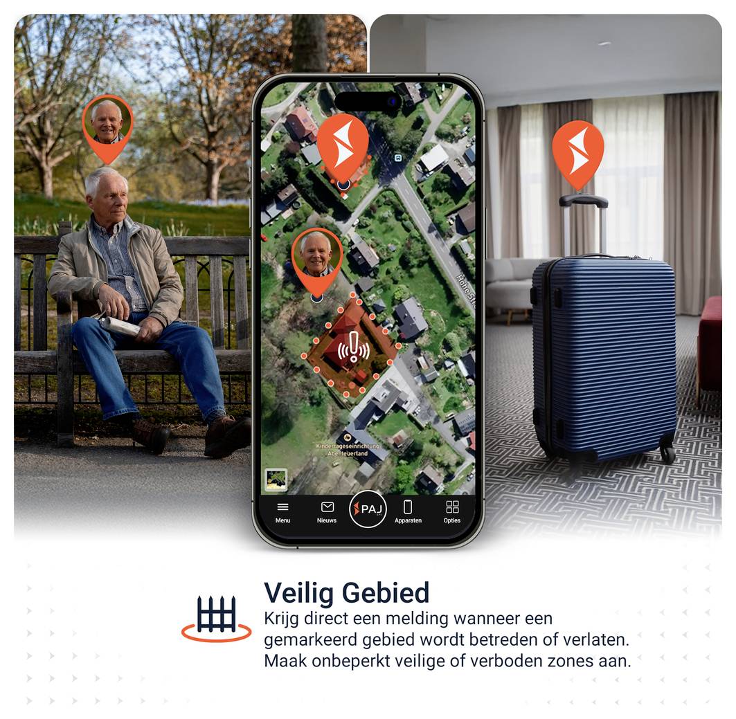 Advertentiegrafiek voor 'Veilig Gebied': Smartphonekaart markeert veilige zones met alarm, ernaast persoon buiten en koffer in kamer met locatiemarkering.