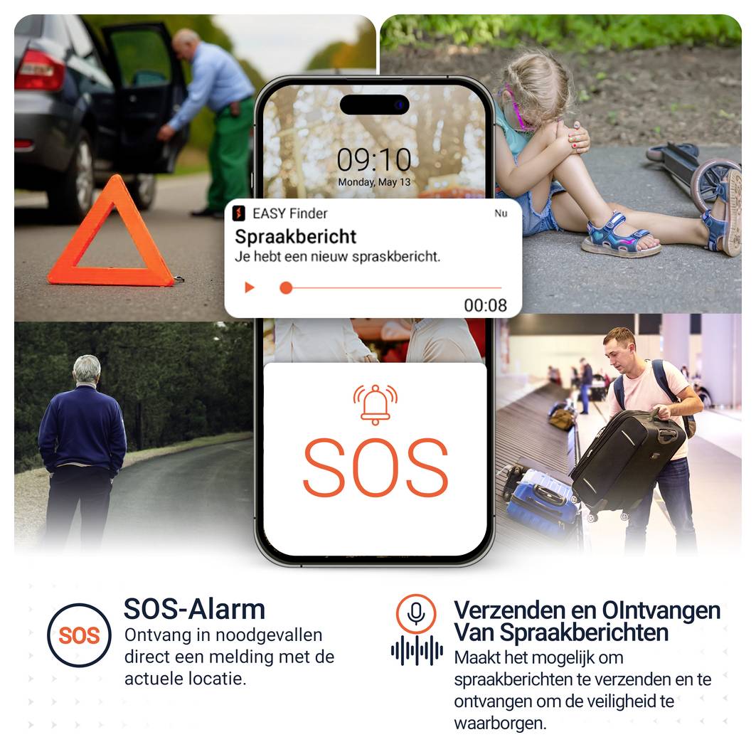 Reclame-afbeelding voor een noodapp: Smartphone met SOS-alarm en spraakbericht, omgeven door scènes met autopech, kind, eenzaam persoon en reiziger; tekst verklaart locatiealert en spraakberichten.