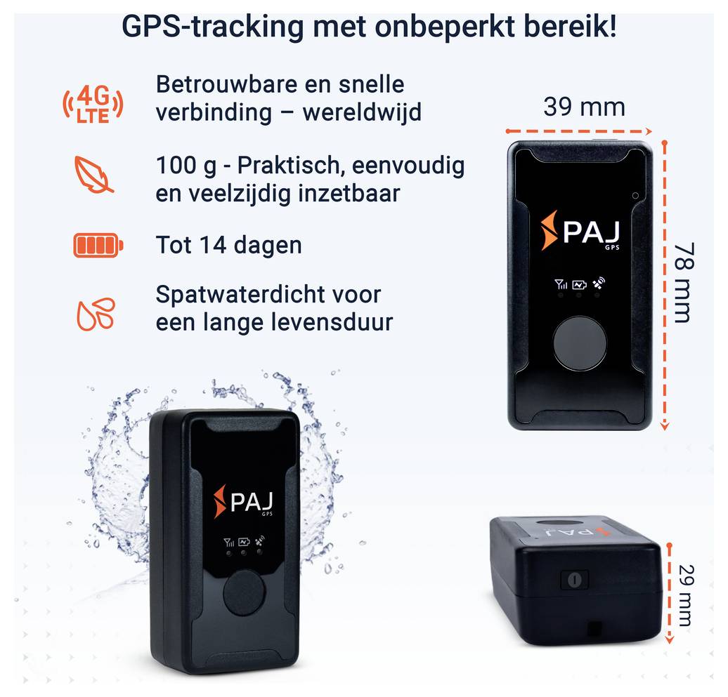 Advertentiegrafiek voor een PAJ GPS-tracker met de kenmerken 4G/LTE, wereldwijde verbinding, 100 g, tot 14 dagen batterij en spatwaterdicht; toont het apparaat in verschillende hoeken met afmetingen van 39 × 78 × 29 mm.