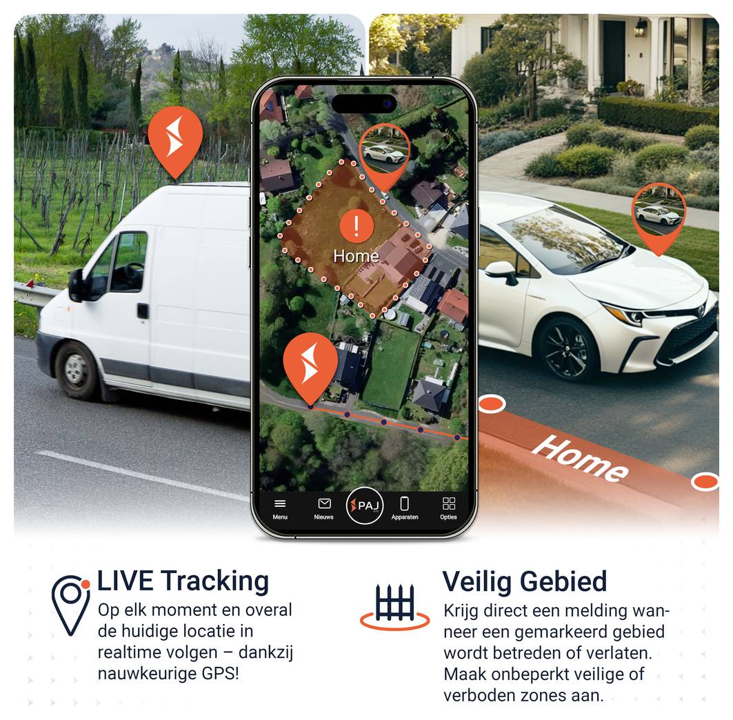 App voor live tracking: Smartphone toont voertuiglocatie op kaart met gemarkeerd 'Home' en beveiligingszones; waarschuwing bij betreden of verlaten van een gebied.