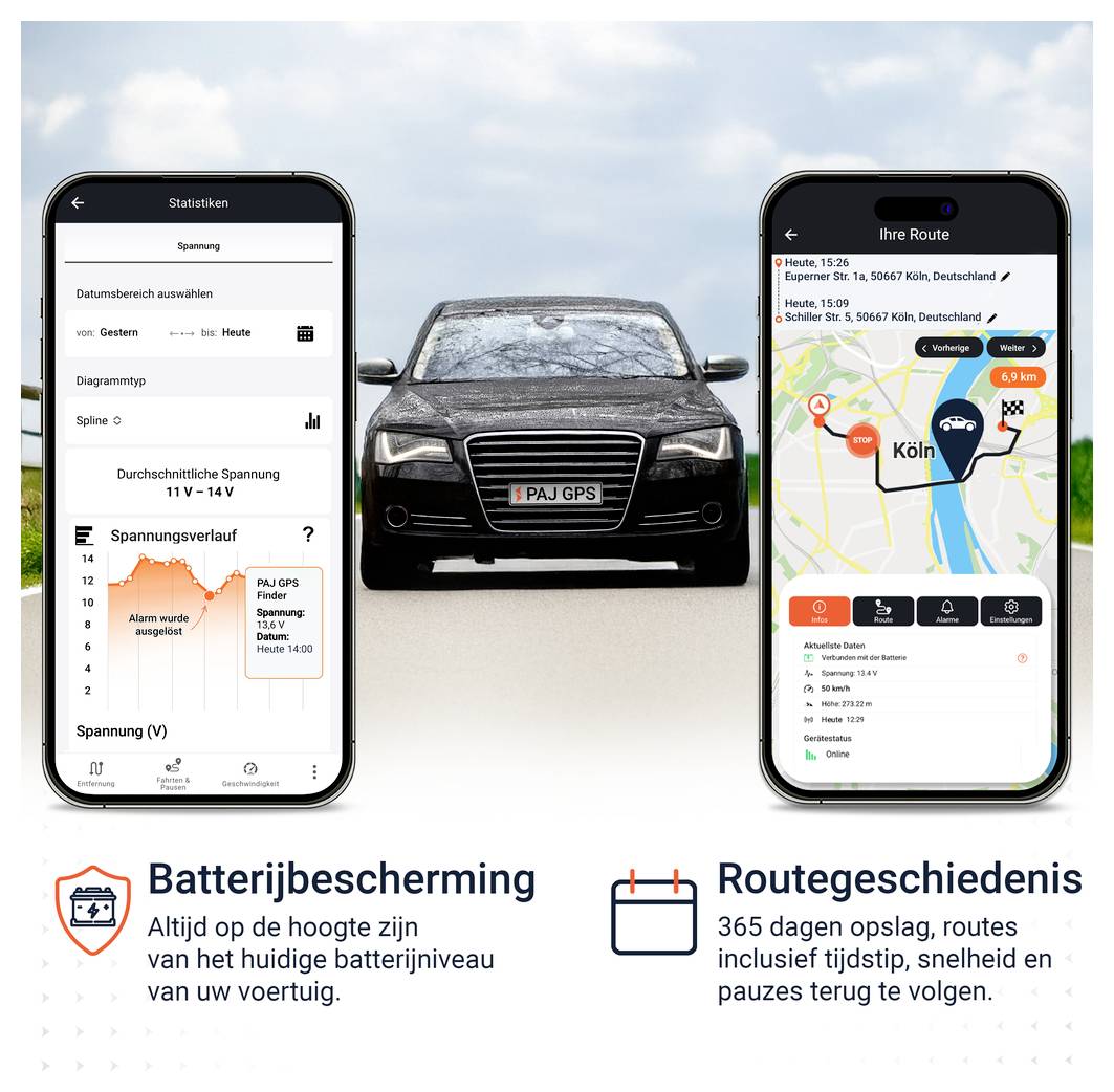 Reclamegrafiek met auto tussen twee smartphones: links batterijstatus-statistiek, rechts routeopslag met kaartroute; onderaan gepromoot: batterijbescherming en 365 dagen rijgegevens.