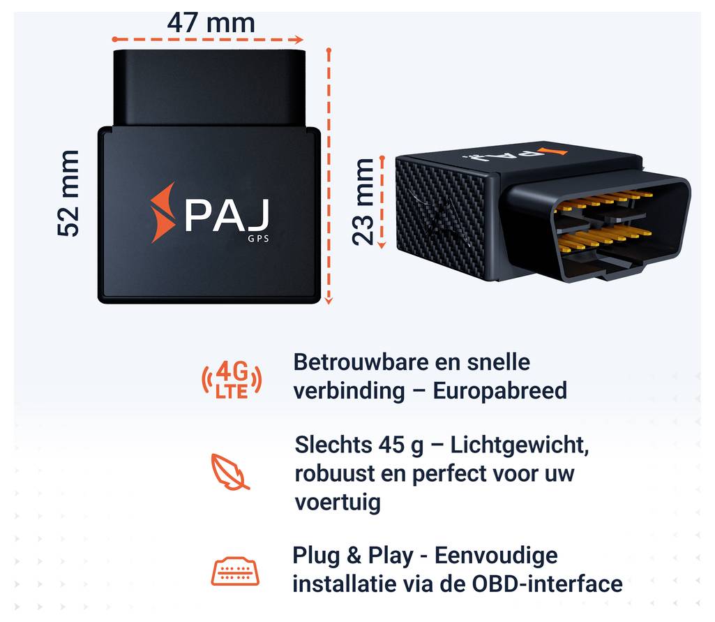 Productafbeelding van een PAJ GPS-OBD-Tracker met afmetingen 47 x 52 x 23 mm; adverteert 4G/LTE, 45 g, Plug & Play en eenvoudige OBD-installatie.