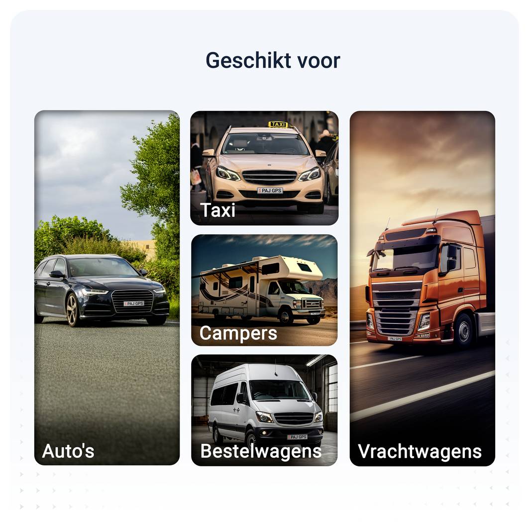 Overzicht 'Geschikt voor' met foto's van auto's, taxi, camper, bestelwagen en vrachtwagen als toepassingsvoorbeelden.