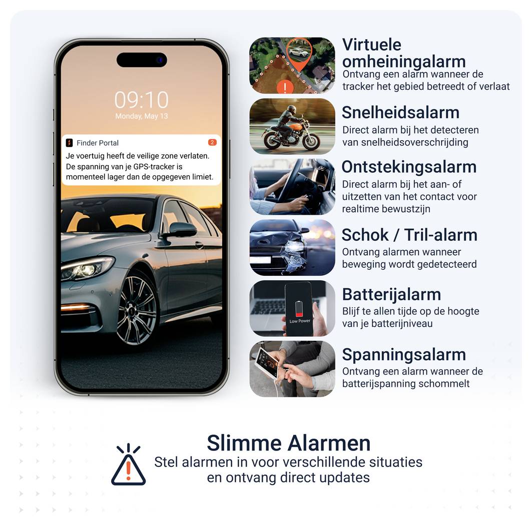 Vergelijkingsgrafiek van PAJ-trackers: CAR OBD Finder 2.0 G, USB GPS Finder 4G en Vehicle Finder 4G 1.0 met afmetingen, aansluiting, waterdichtheid, gewicht en alarmfuncties.