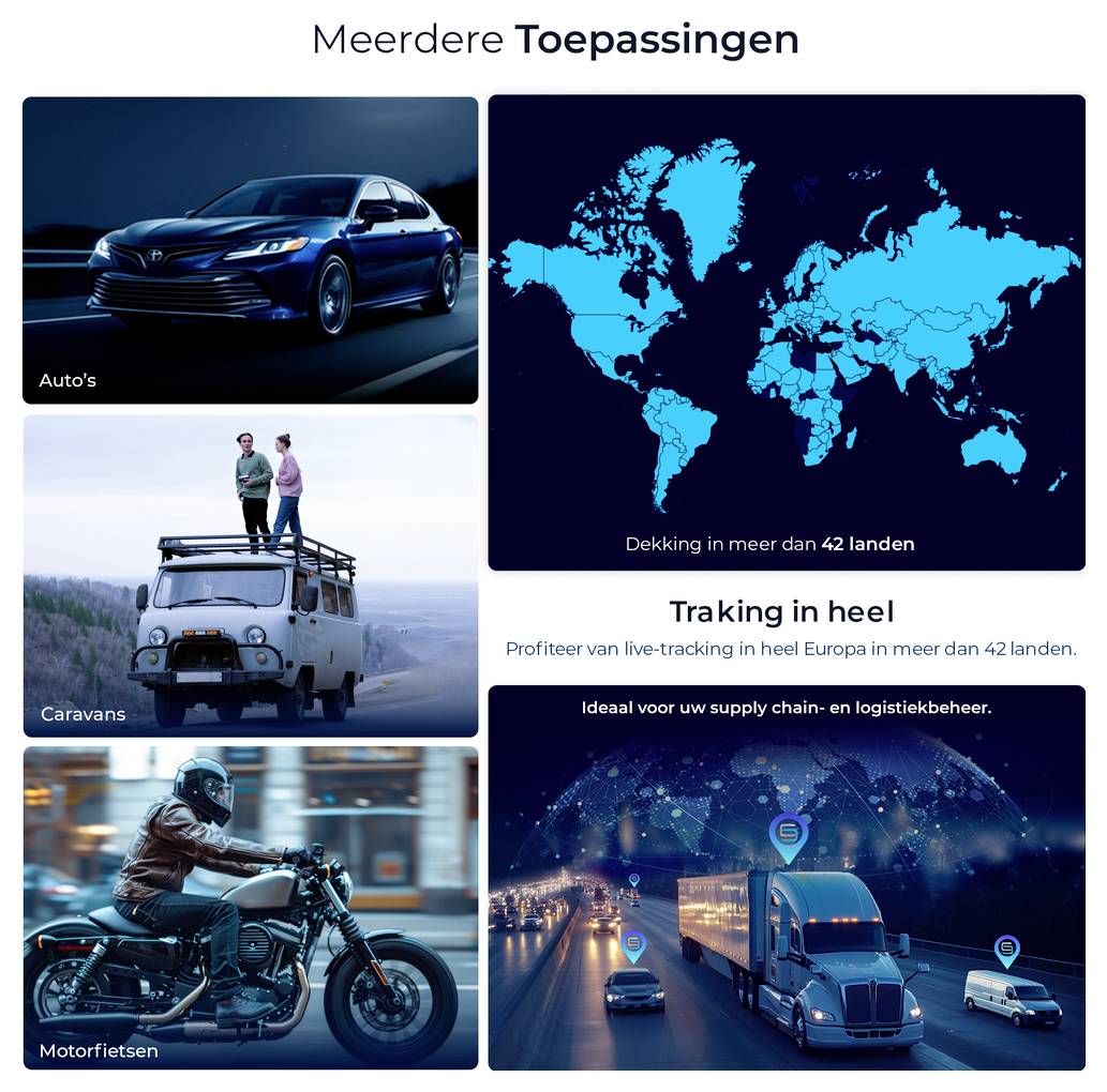 Productafbeelding van een Salind 11 4G GPS-tracker met verpakking en smartphone-app; het volgen van een auto wordt getoond.