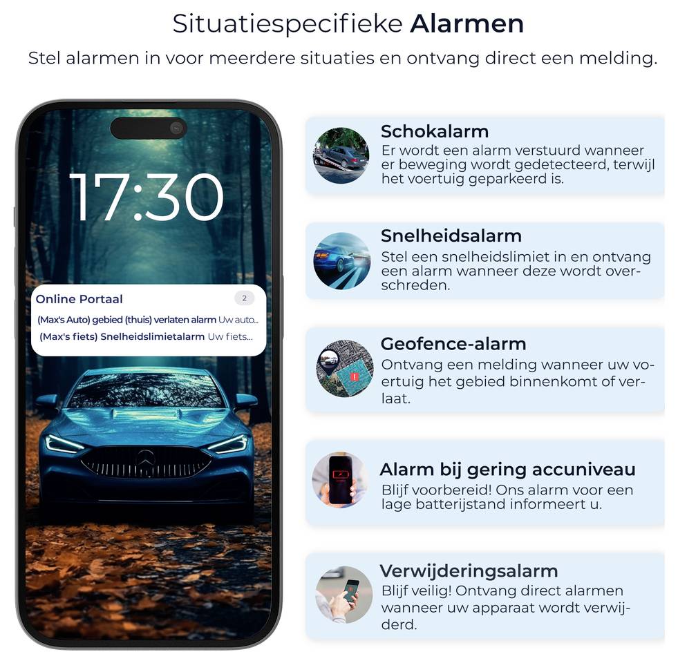 Reclameafbeelding met drie smartphones: Outdoor-modus met 'Nu volgen', 3D-modus met locatiegeschiedenis van de afgelopen 365 dagen en satellietmodus met meldingen per app of e-mail.