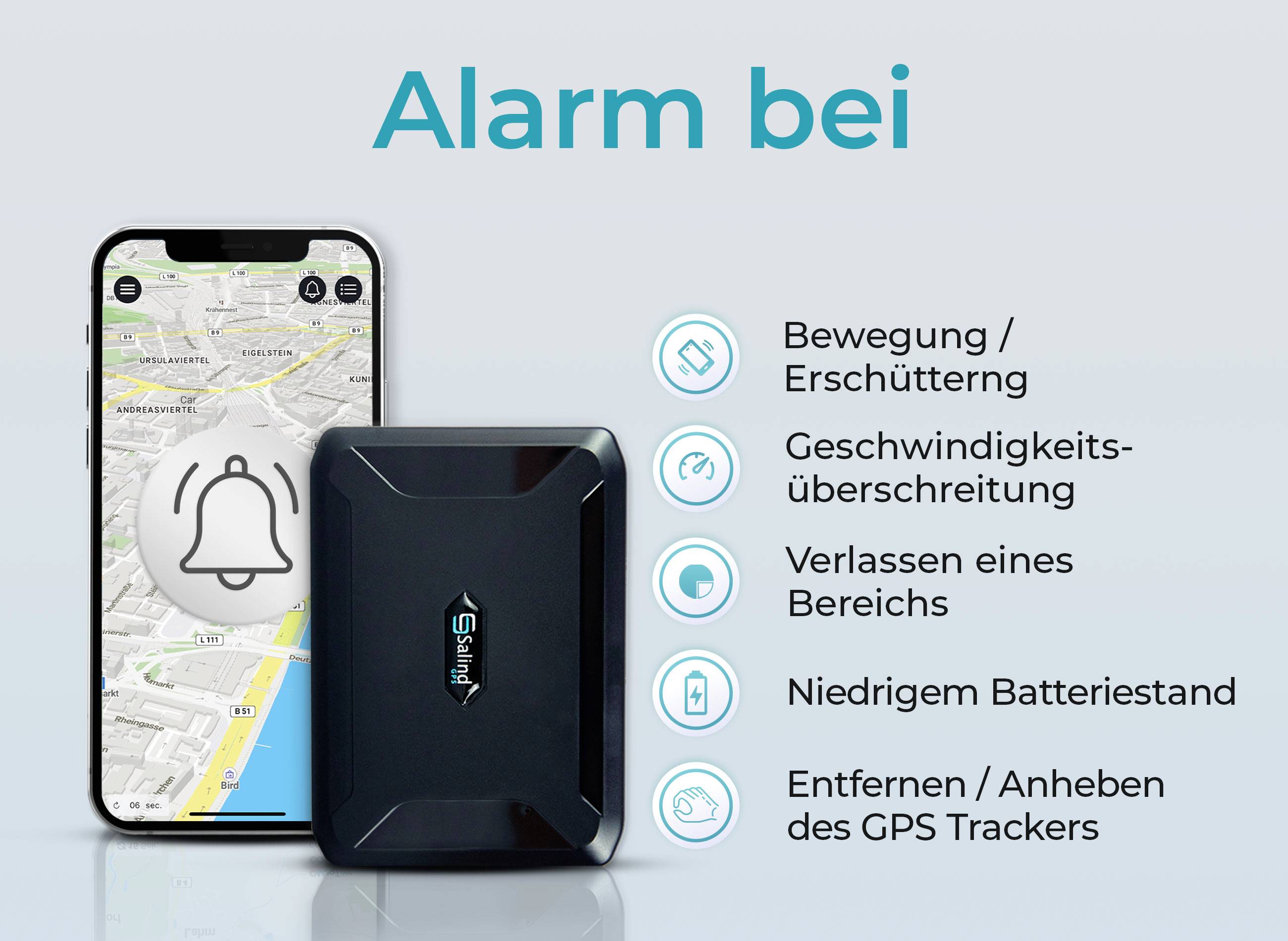 'Alarm bij beweging, snelheidsoverschrijding, het verlaten van een gebied, lage batterijstatus en verwijdering van de GPS-tracker.'