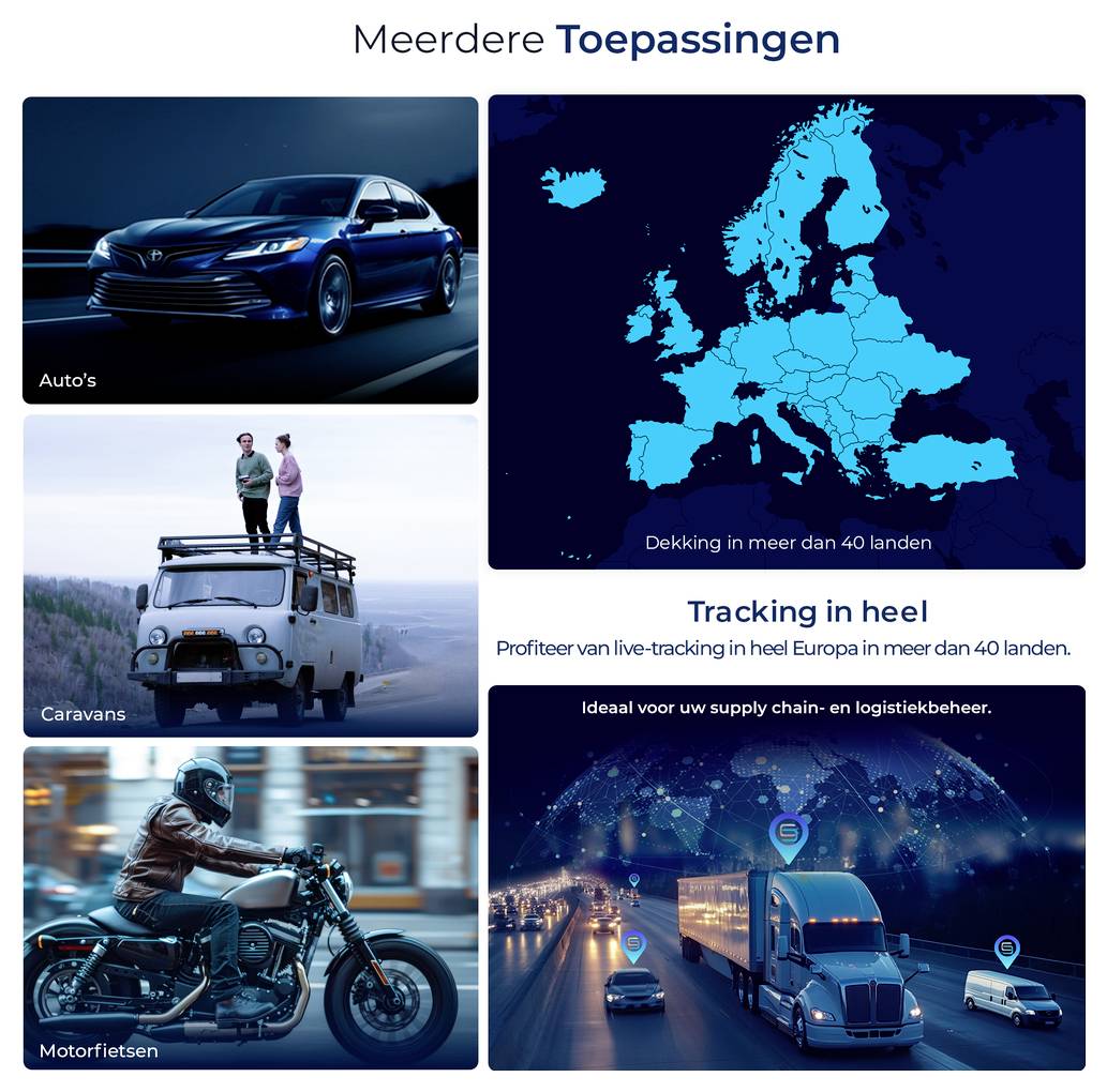 Productafbeelding van een Salind GPS-tracker met verpakking en smartphone-app: locatie van een auto op een kaart.