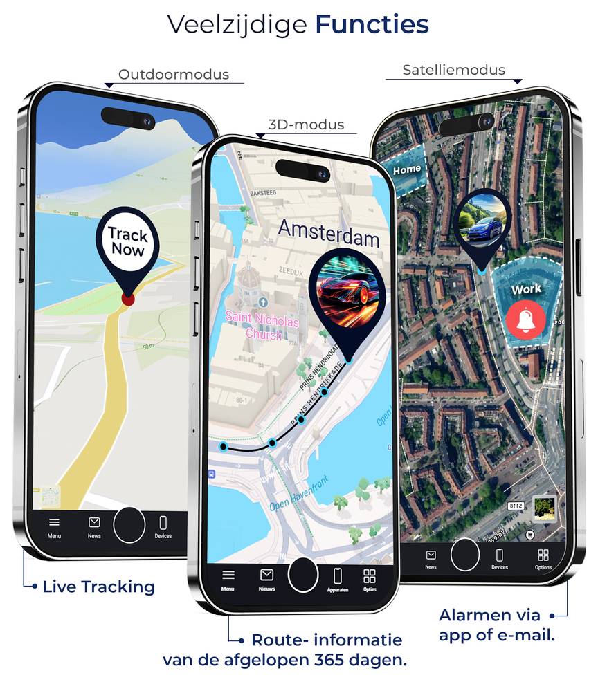 Infographic over GPS-tracker: lange accuduur, magnetische bevestiging, diefstalbeveiliging, spatwaterdicht, compacte afmetingen 10,9 × 7,6 × 2,6 cm; discreet aan de auto installeerbaar.