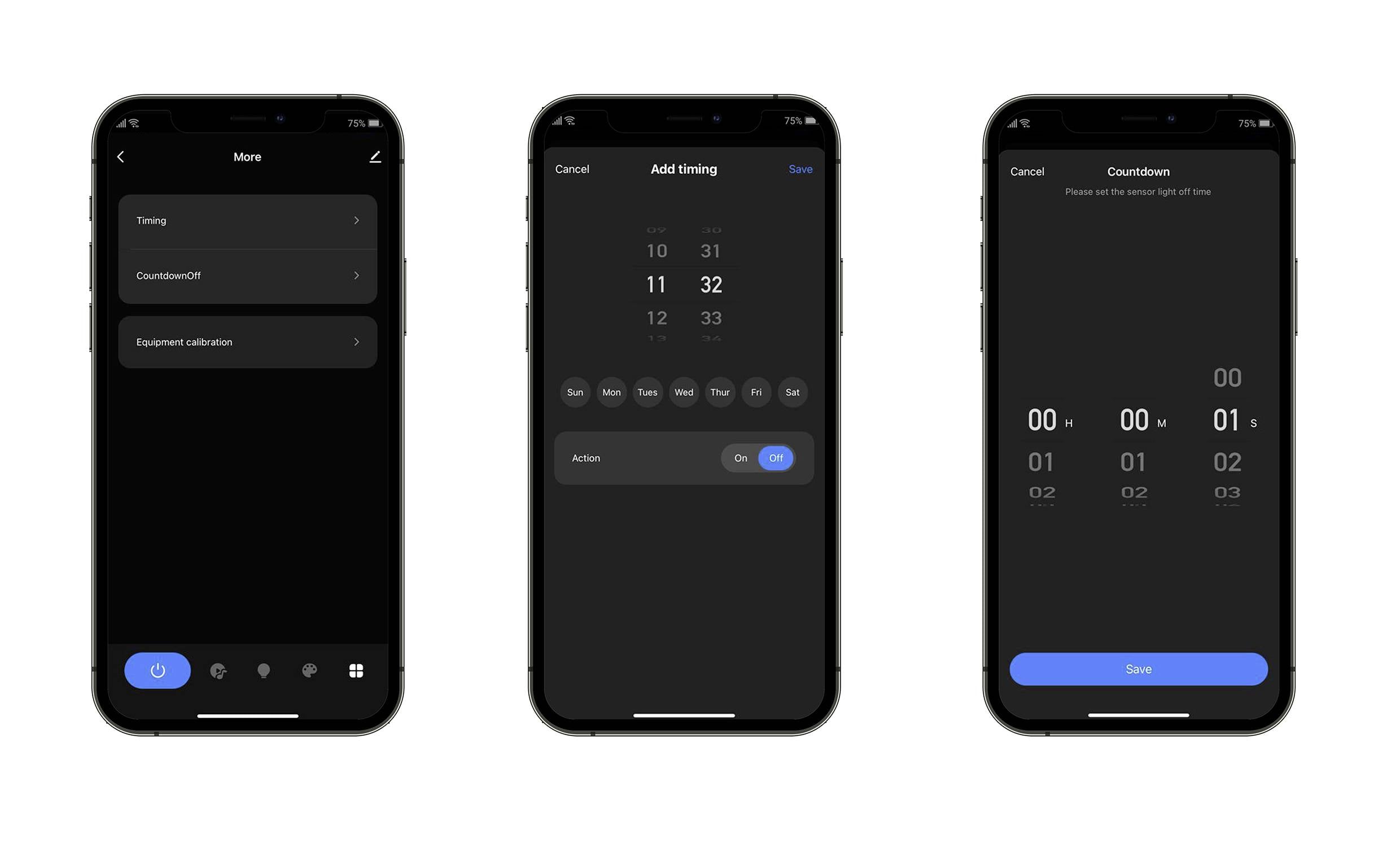 'Drie smartphoneschermen tonen een timer-app: tijdinstellingen, timer-opties en afteltimer. Zwart-wit ontwerp.'