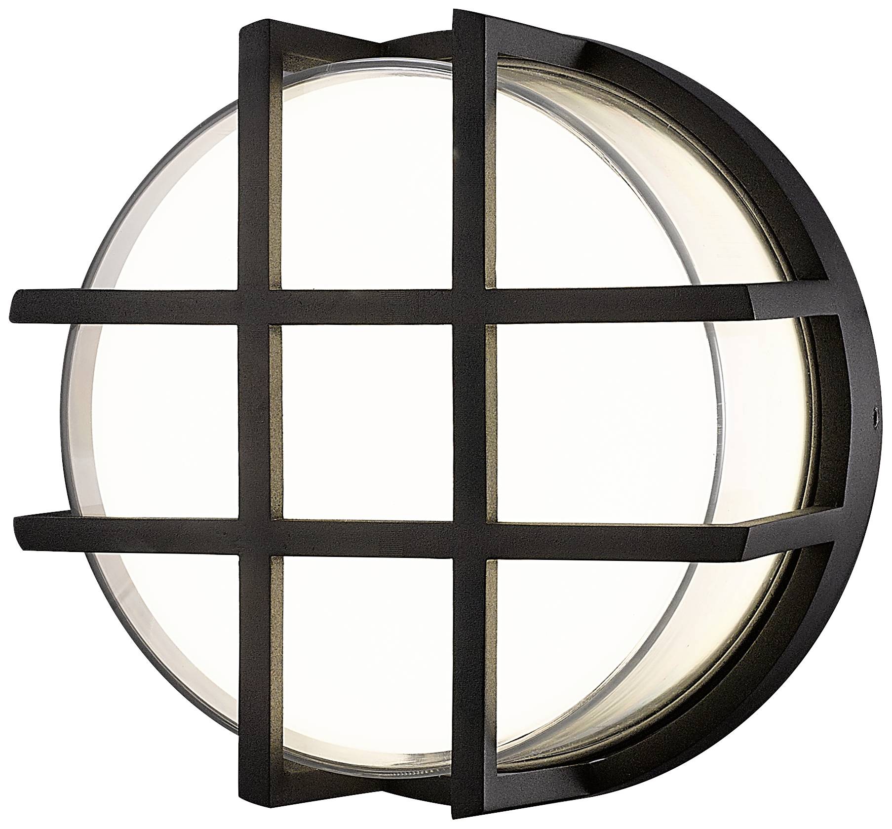 Ronde buitenlamp met metalen roosterpatroon, verlicht, geschikt voor wandmontage.