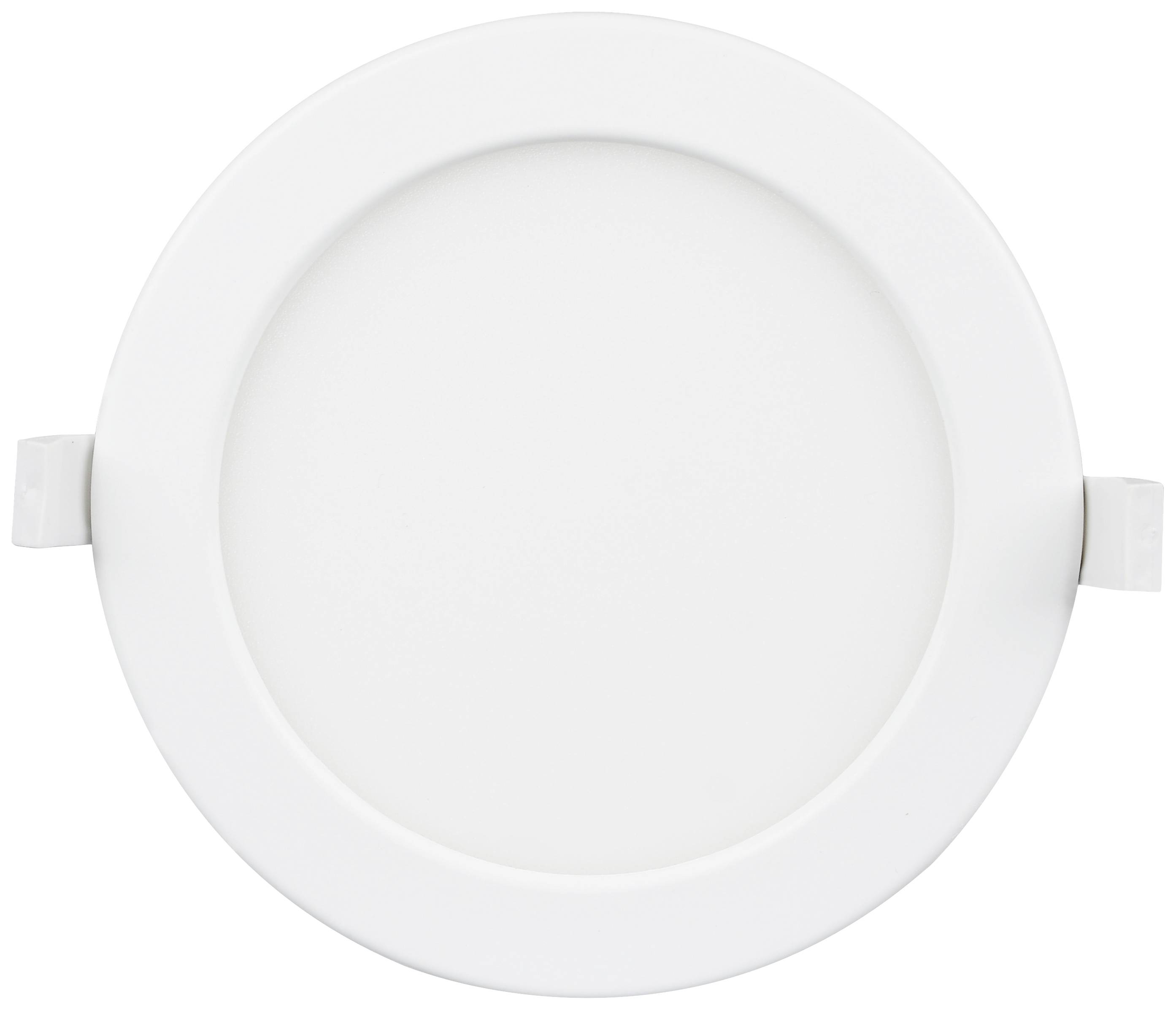 Ronde witte LED-plafondlamp, plat, met zijdelingse bevestigingsbeugels, tegen een neutrale achtergrond.